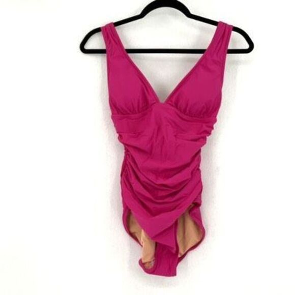 J. Crew Ruched V-Neck One-Piece Bathing Suit In Radiant Fuchsia Size 10 - Picture 3 of 6